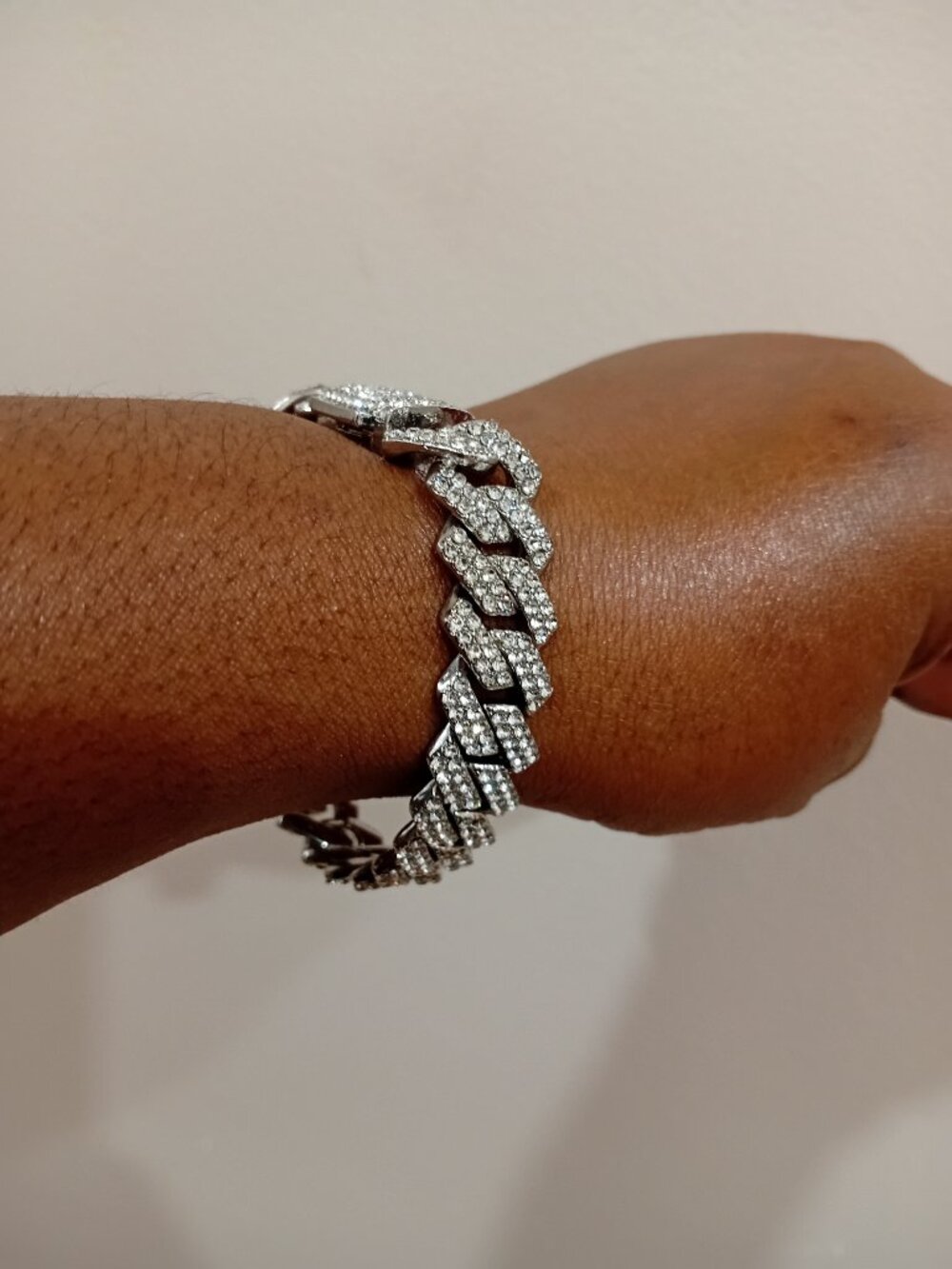 Men's Silver Cuban Link Bracelet Clea Stones Box Closure 8" Fashion Jewelry